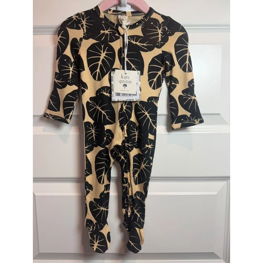 17. Kate Quinn Black Taro Leaf Long Sleeve Zipper Footie 0-3M  Tan New